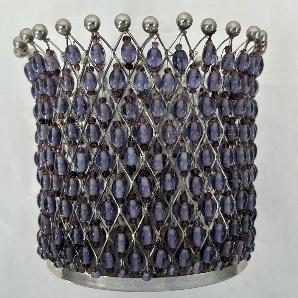 Wine Caddy Water Caddy Candle Holder purple and silver‎ Beads 4.5” x 5”